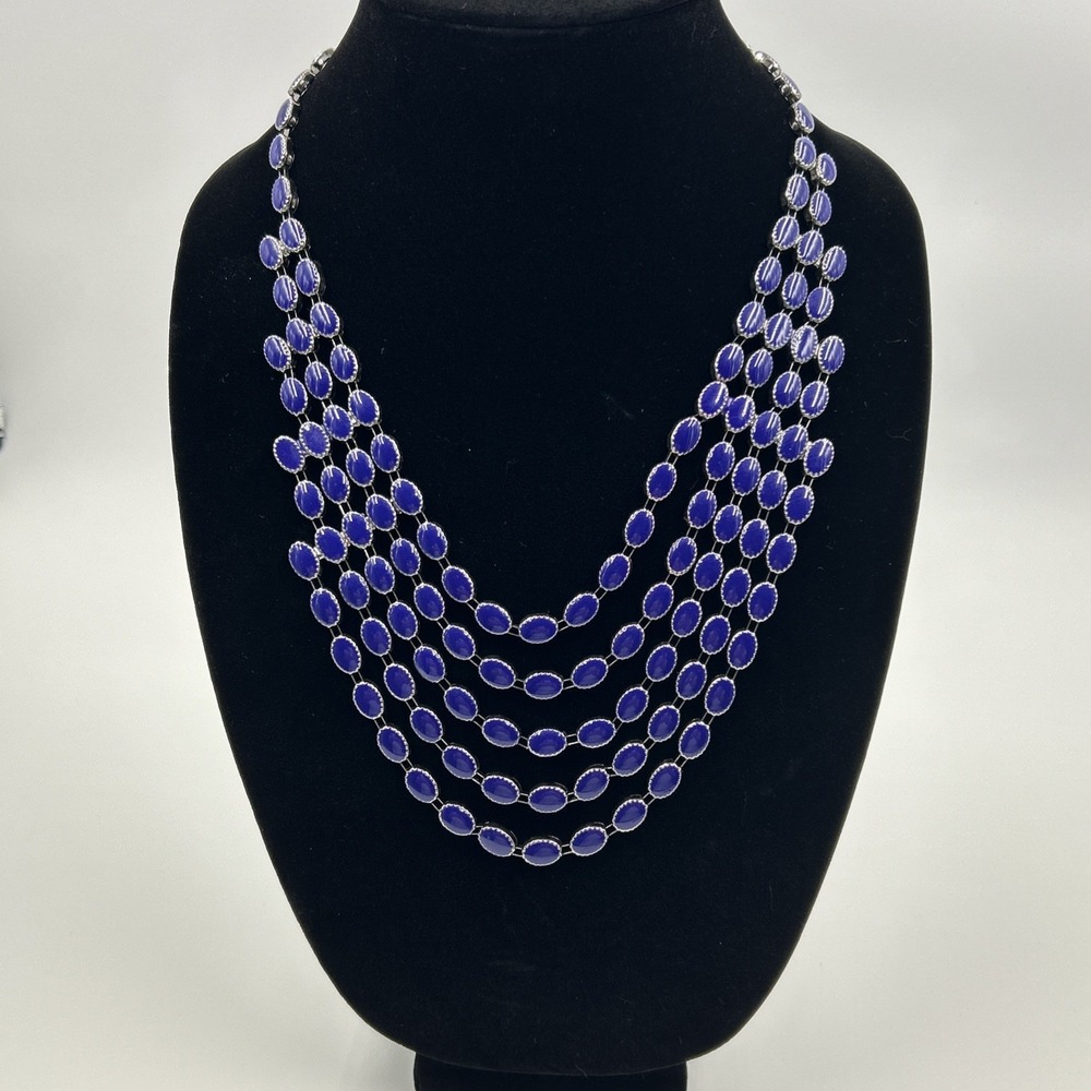Blue Purple Bezel Set Silver Tone Bib Necklace 12 inch Statement Fashion‎